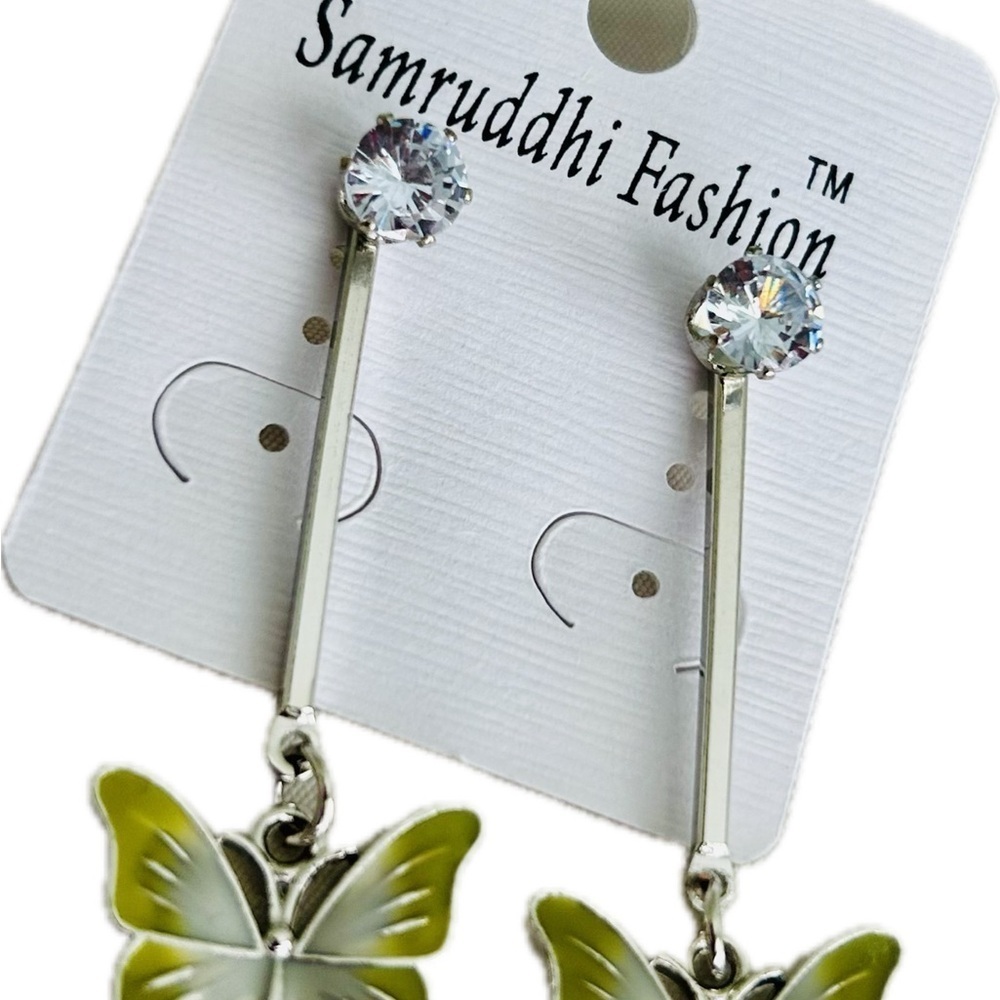 Cute Green Butterfly Rhinestone Enamel Korean Style Fashion Dangle Earrings set